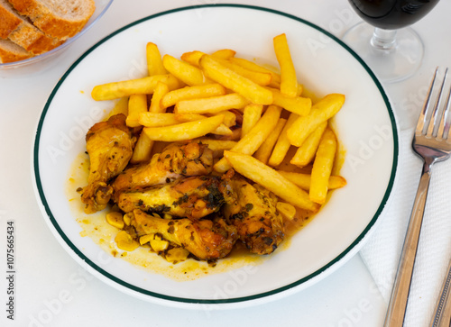 Savory chicken wings stew with vegetable sauce and french fries.