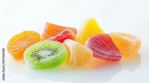   A pile of cut-up fruits sits beside each other on a white surface, reflecting in the surface photo