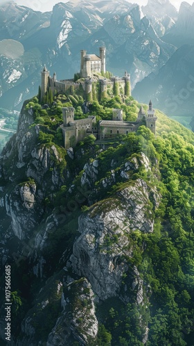 Majestic Castle on a Mountain Peak: Aerial Perspective Showcasing History and Grandeur