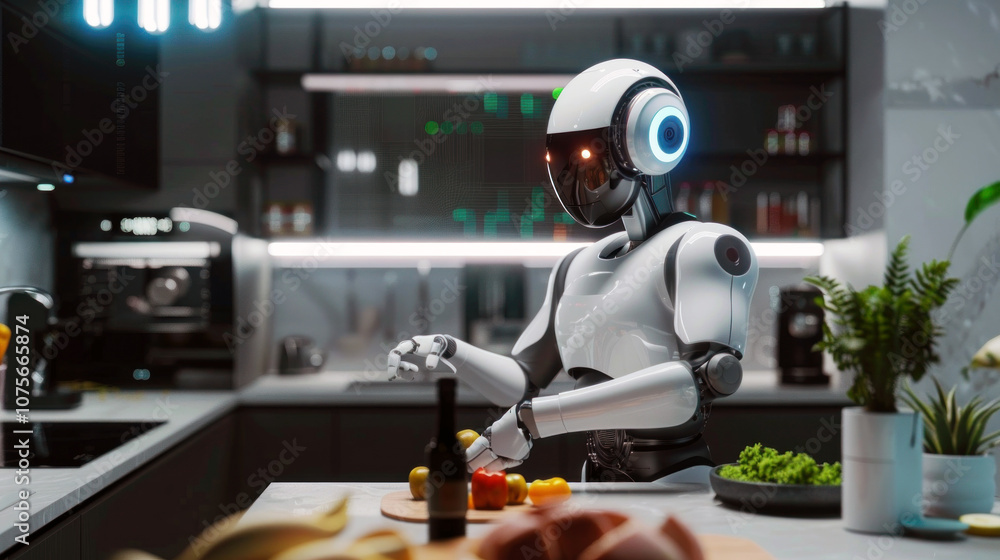 A robotic assistant is preparing food in a sleek, modern kitchen, emphasizing how technology supports daily activities with natural light A robotic assistant is preparing food in a sleek, modern kitchen, emphasizing how technology supports daily activities with natural light