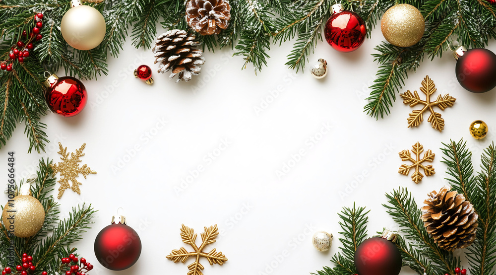 A white background with pine branches, red and gold ornaments, and pine cones, creating a festive Christmas border A white background with pine branches, red and gold ornaments, and pine cones, creating a festive Christmas border