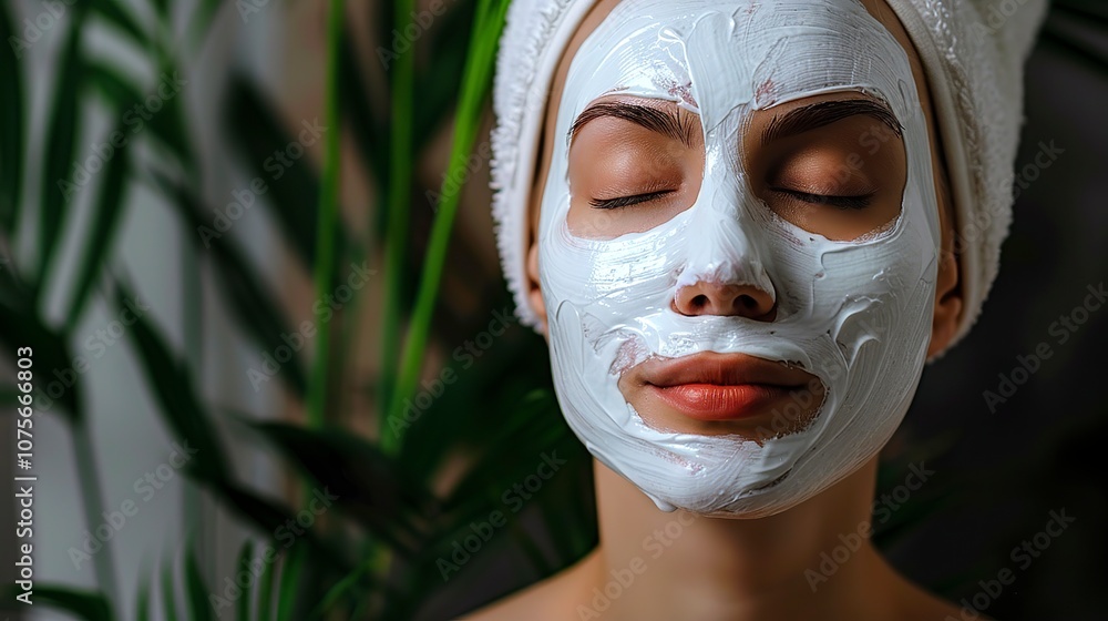 A woman in a towel has a white mask concealing her face A woman in a towel has a white mask concealing her face