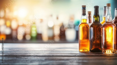  A collection of bottles containing liquid rests atop a wooden table alongside a series of similarly filled bottles