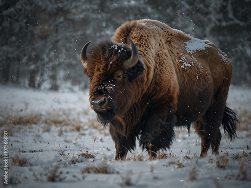 Massive bison standing majestically in the snow, realistic coat textures