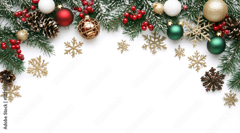 Pine branches with red berries, ornaments, and snowflakes on a white background Pine branches with red berries, ornaments, and snowflakes on a white background