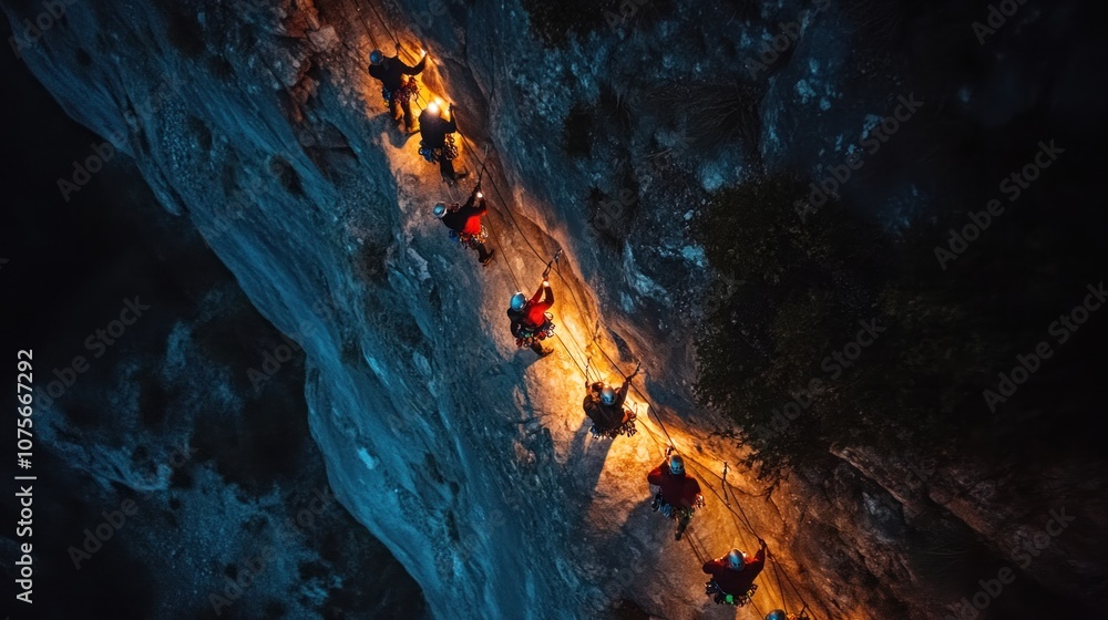 A group of climbers ascend a steep cliff face at night, illuminated by their headlamps. A group of climbers ascend a steep cliff face at night, illuminated by their headlamps.