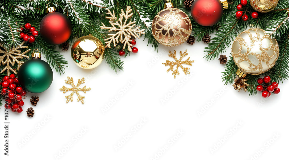 Green, red, and gold Christmas ornaments and pine branches are arranged on a white background, creating a festive border Green, red, and gold Christmas ornaments and pine branches are arranged on a white background, creating a festive border