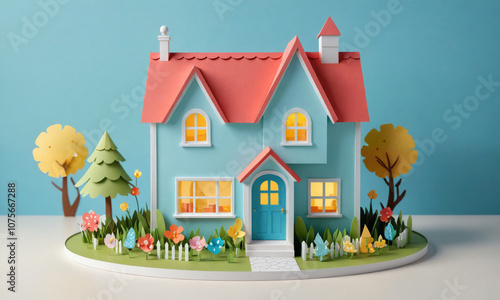 A papercraft house with a blue exterior, red roof, and a small yard with colorful flowers and trees sits on a table against a blue background
