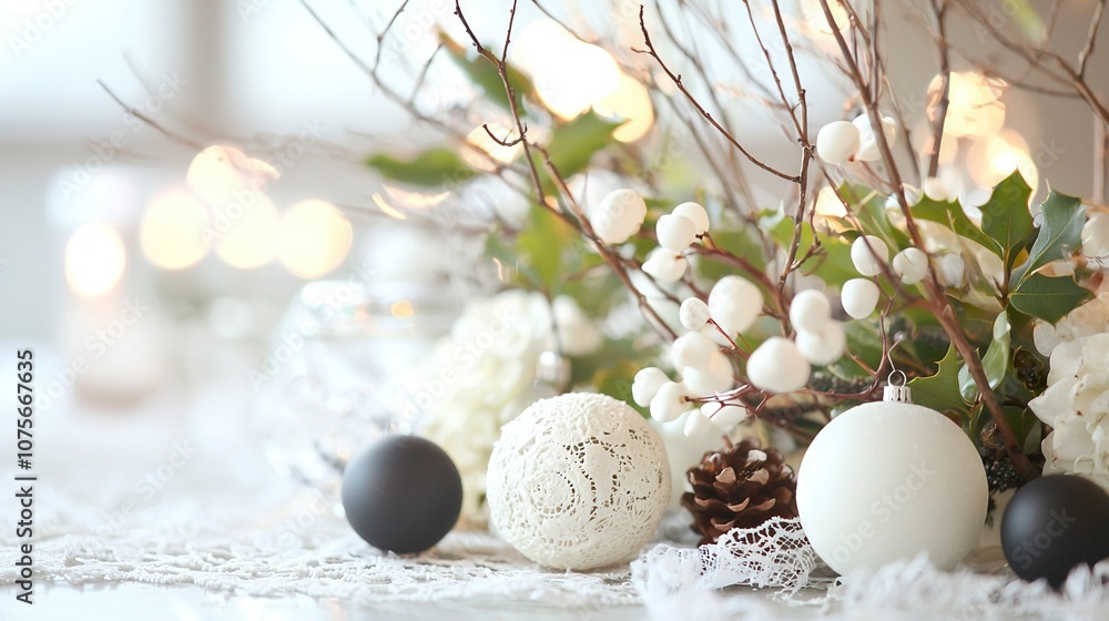   A close-up photo of a vase filled with blooms and eggs resting atop a lace doily-covered tablecloth