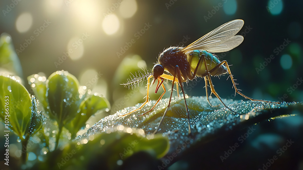 close up of mosquito perched on leaf, showcasing its intricate details and dew drops glistening in sunlight. scene captures beauty of nature close up of mosquito perched on leaf, showcasing its intricate details and dew drops glistening in sunlight. scene captures beauty of nature