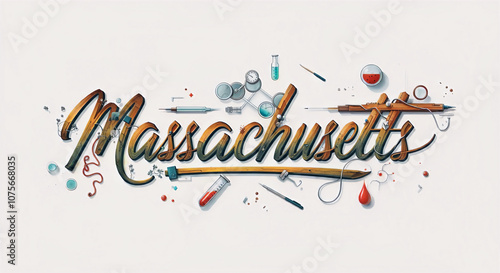 The word and letters 'Massachusetts' are depicted with icons of biomedical research and technological innovation, isolated on a transparent background