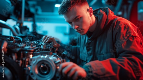 A focused technician works on complex machinery. The environment is illuminated with blue and red lights creating an intense atmosphere. Precision is key in engineering tasks. Generative AI