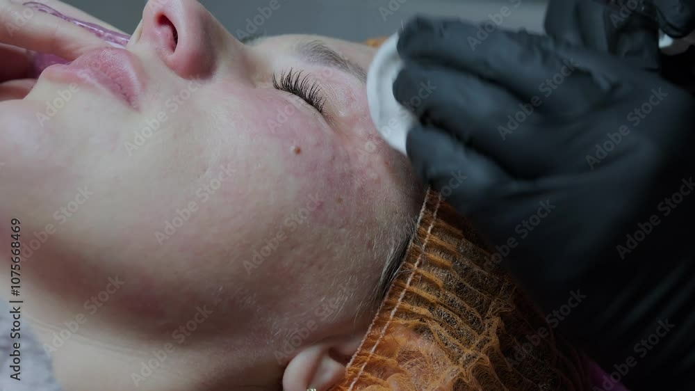 A cosmetologist makes multiple biorevitalization injections to a woman's facial skin in the eye area. Woman in beauty clinic A cosmetologist makes multiple biorevitalization injections to a woman's facial skin in the eye area. Woman in beauty clinic