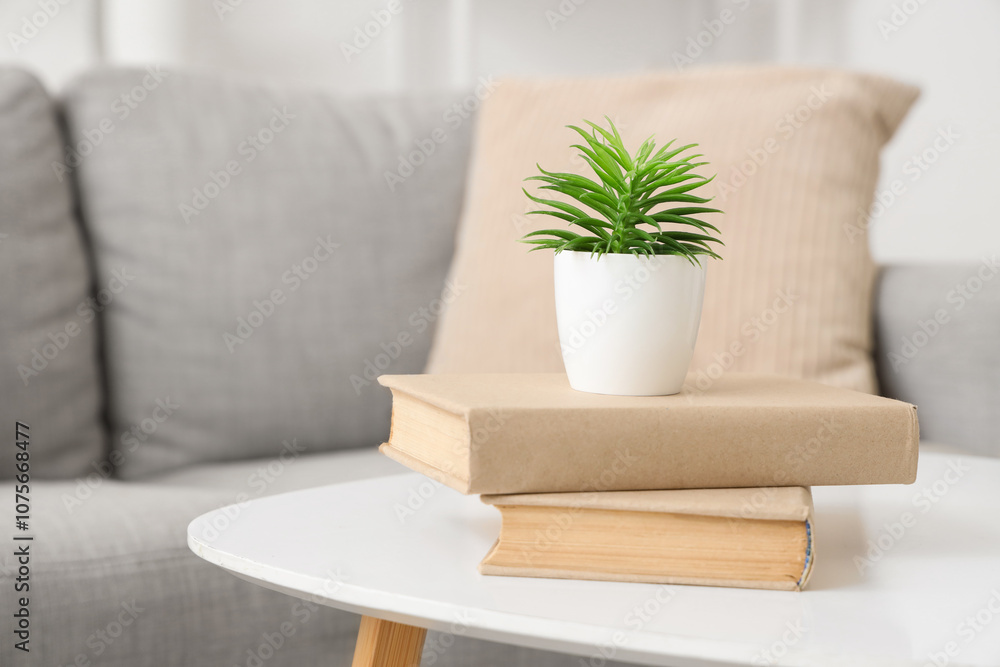 Plant with books on table in living room, closeup Plant with books on table in living room, closeup