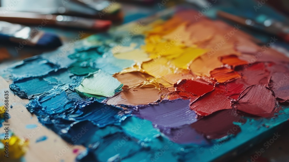 Colorful oil paint palette with vibrant textured strokes. Macro shot of artistic brushstrokes and tools Colorful oil paint palette with vibrant textured strokes. Macro shot of artistic brushstrokes and tools