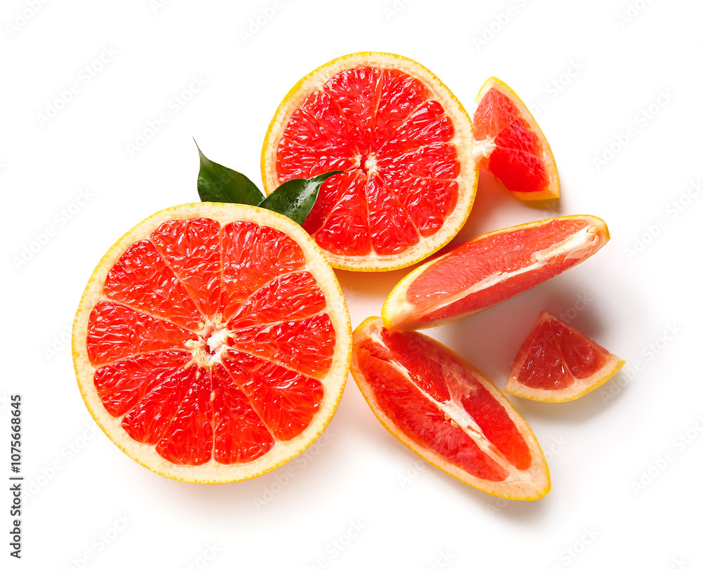 Cut fresh grapefruit and leaves on white background Cut fresh grapefruit and leaves on white background