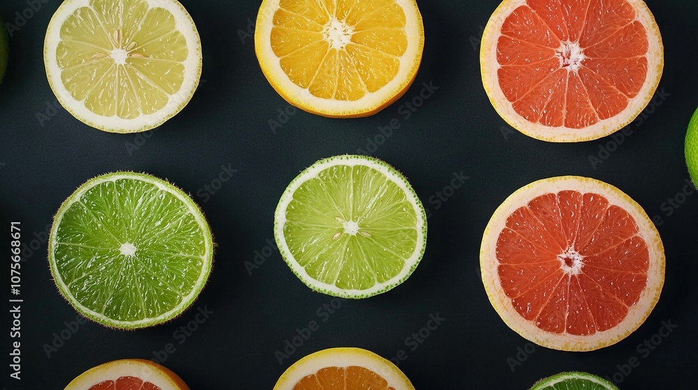 Fototapeta premium Orange and lime slices arranged on a dark background