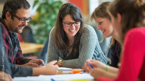 Group of young adults collaborating on a project in a bright office environment.