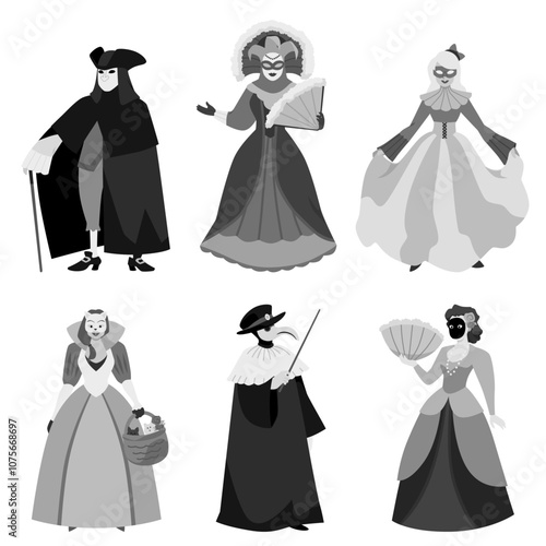 Venetian carnival characters vector illustration set