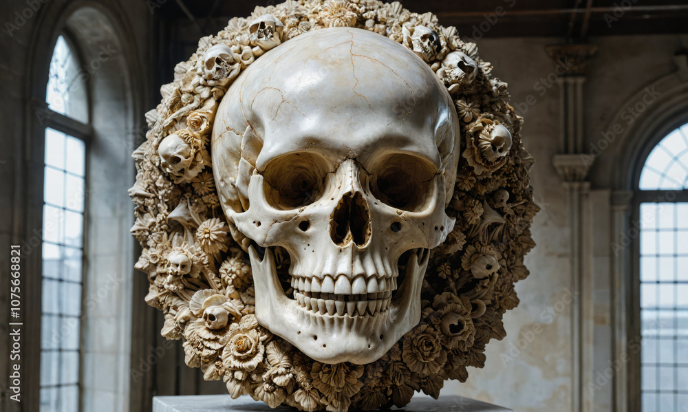 A detailed skull sculpture is surrounded by a wreath of flowers and skulls in a dimly lit, historical building A detailed skull sculpture is surrounded by a wreath of flowers and skulls in a dimly lit, historical building