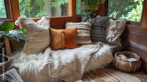 A cozy nook with a plush loveseat and oversized floor pillows provides a comfortable intimate space for small groups to chat.