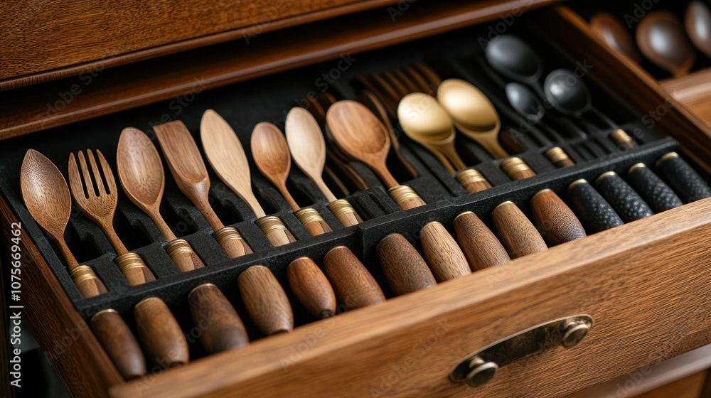 Wooden and gold cutlery set in a drawer.