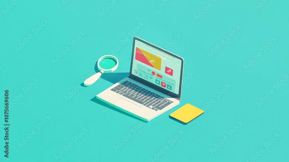 Laptop Magnifying Glass and Yellow Notepad on Blue Background Laptop Magnifying Glass and Yellow Notepad on Blue Background