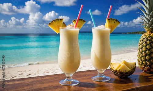 Two pineapple drinks sit on a wooden counter with a beach and ocean in the background photo