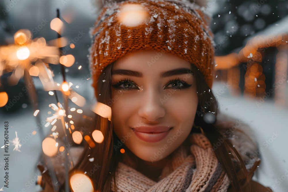 Close-up of a woman smiling warmly in winter attire, surrounded by snow and festive lights, capturing a joyful holiday spirit Close-up of a woman smiling warmly in winter attire, surrounded by snow and festive lights, capturing a joyful holiday spirit