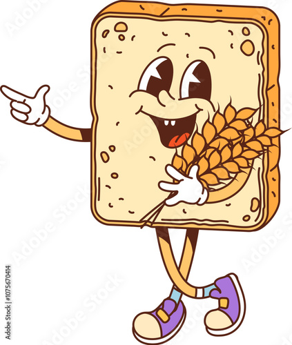 Groovy toast bread cheerful isolated character. Sandwich wheat bread piece cute cartoon personage or bakery product cheerful groovy vector mascot. Toast slice with ear retro comical isolated character