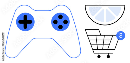 Game controller with buttons, segmented lemon slice, and shopping cart with 3 notification. Ideal for gaming, online shopping, notifications, fresh produce, food e-commerce technology. Line