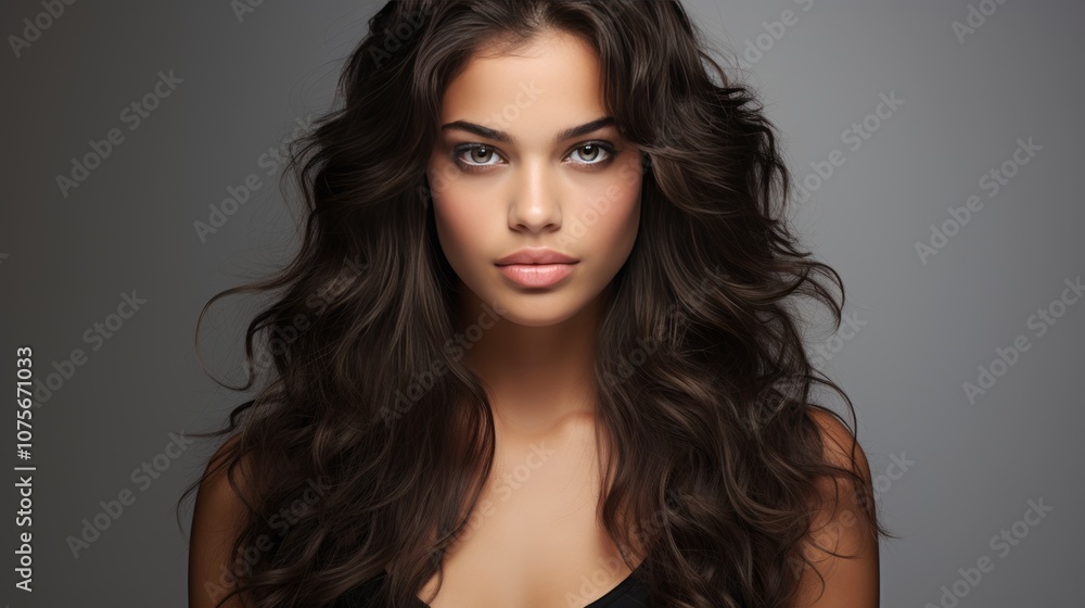 Naklejka premium Elegant portrait of a woman with lush wavy brunette hair and natural makeup on neutral backdrop