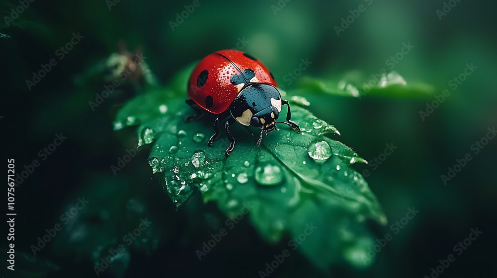 close up of ladybug on leaf, showcasing its vibrant red body and black spots, surrounded by droplets of water, creating serene and refreshing atmosphere close up of ladybug on leaf, showcasing its vibrant red body and black spots, surrounded by droplets of water, creating serene and refreshing atmosphere
