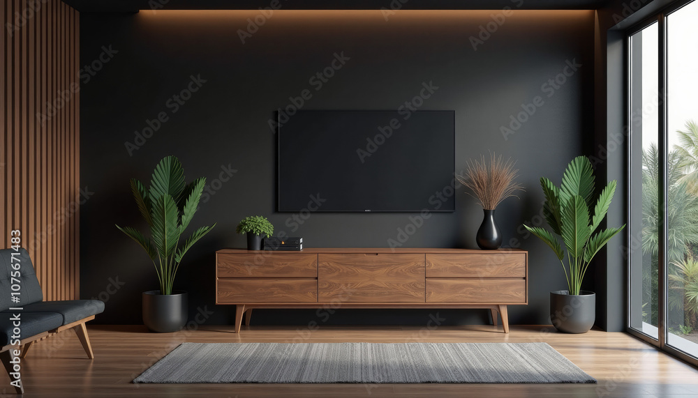 Modern Dark Living Room with Wooden TV Stand Modern Dark Living Room with Wooden TV Stand