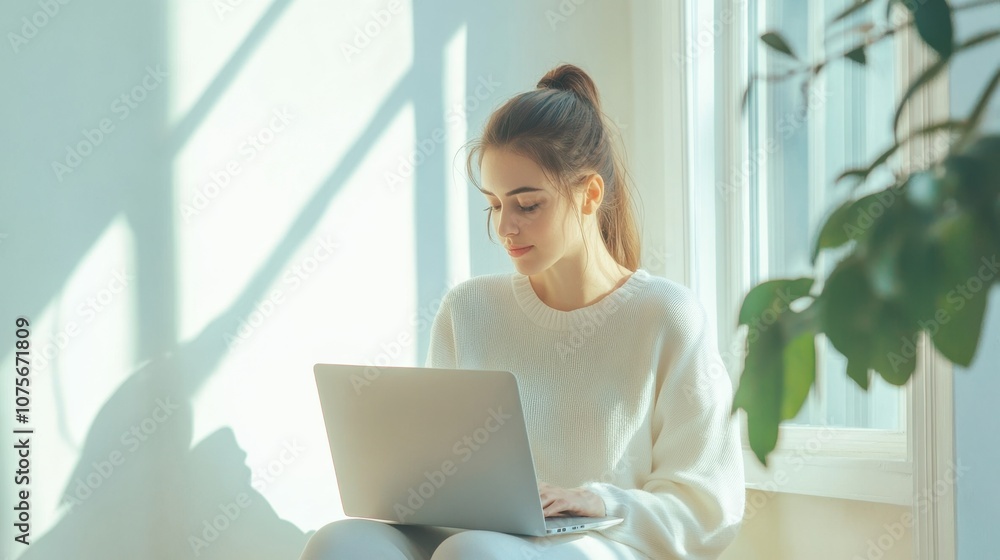 Fototapeta premium Student studying on laptop bright room clean background copy space