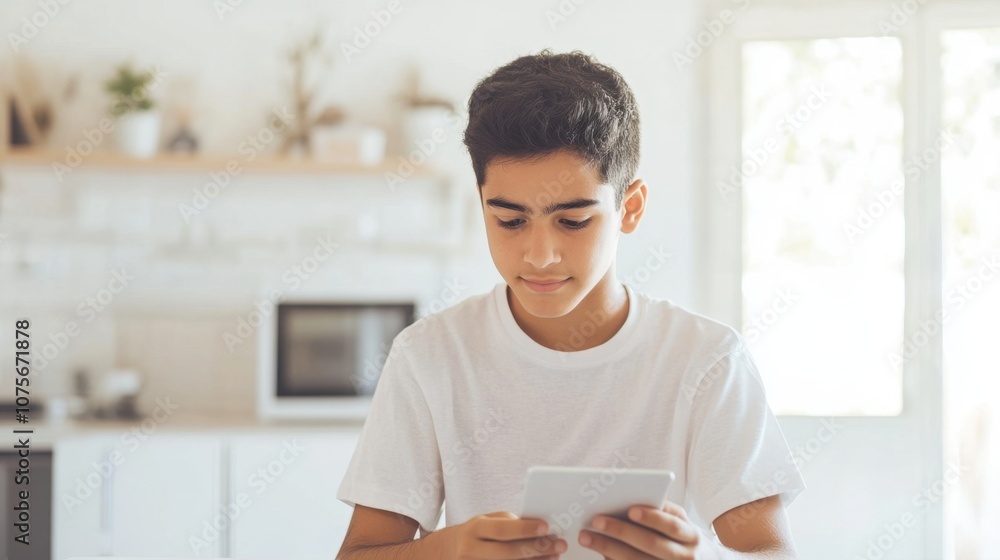 Student using digital device for learning young Hispanic man with short black hair bright room clean background copy space Student using digital device for learning young Hispanic man with short black hair bright room clean background copy space
