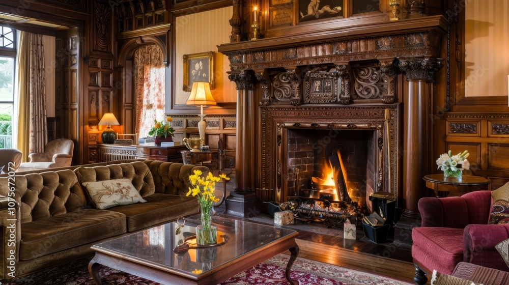The drawing room boasts a stunning fireplace with an intricately carved mantel making it the perfect spot for intimate conversations. The drawing room boasts a stunning fireplace with an intricately carved mantel making it the perfect spot for intimate conversations.