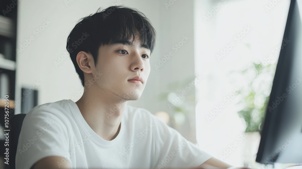 Photographer editing photos young Asian man with short black hair bright office clean background copy space Photographer editing photos young Asian man with short black hair bright office clean background copy space