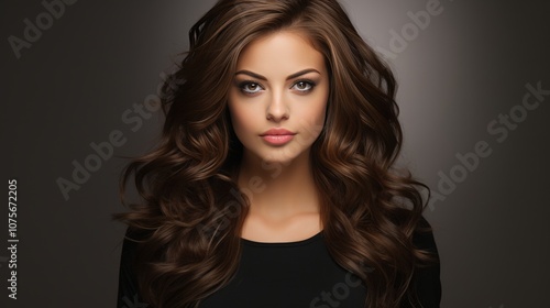 Elegant portrait of a woman with lush wavy brunette hair and minimalist makeup on neutral backdrop