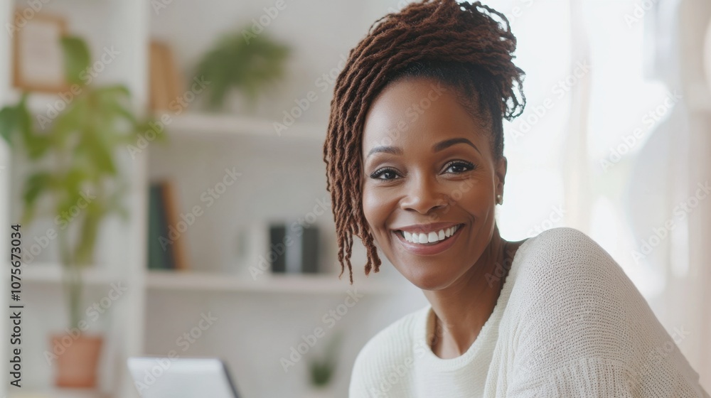 Student watching online tutorial middle-aged African American woman with braids bright room clean background copy space Student watching online tutorial middle-aged African American woman with braids bright room clean background copy space