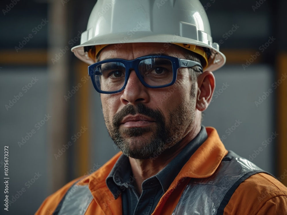 Closeup of a construction worker wearing a hard hat and looking confidently at the camera Closeup of a construction worker wearing a hard hat and looking confidently at the camera