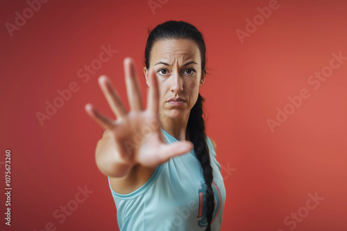 Portrait of a determined woman with her hand extended in a gesture of defiance, standing against a bold red background. International Day for the Elimination of Violence Against Women. photo