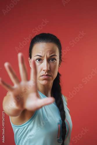 Portrait of a determined woman with her hand extended in a gesture of defiance, standing against a bold red background. International Day for the Elimination of Violence Against Women. photo