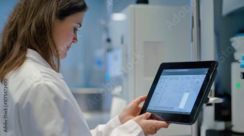 Woman using magnification software on tablet clean room soft lighting copy space