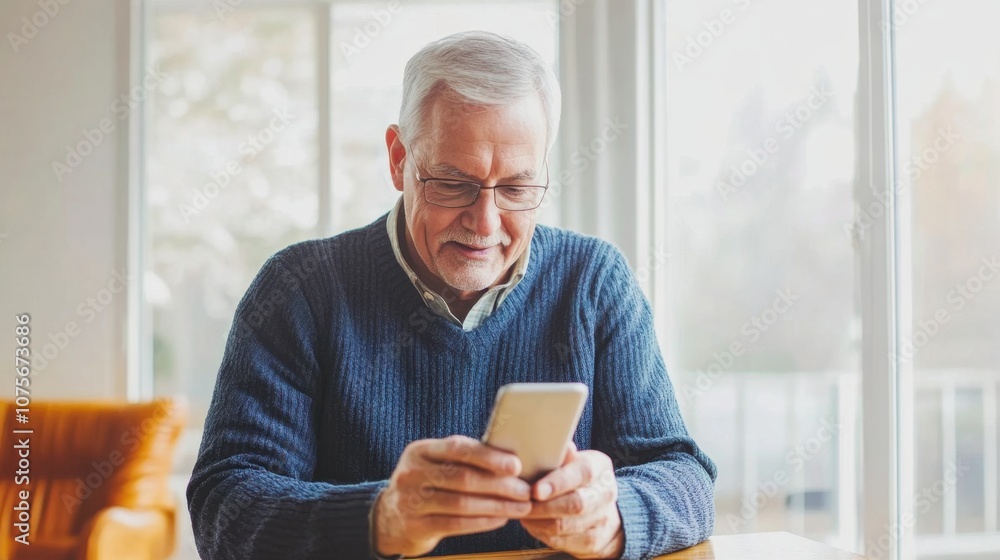 Senior man using smartphone for online banking bright room copy space Senior man using smartphone for online banking bright room copy space