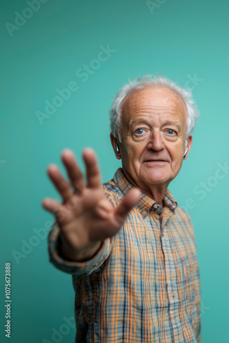 Elderly man with hearing aids raising his hand in a gesture against elder abuse and advocating for the rights and dignity of seniors with disabilities. Teal background reinforces the theme of advocacy photo