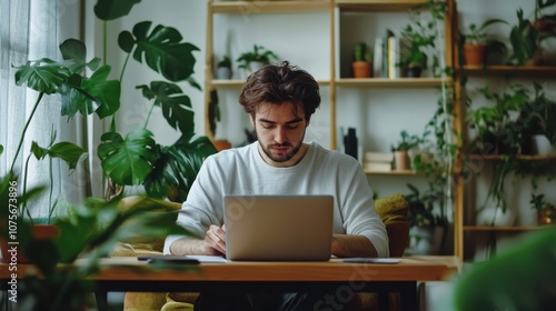 Student studying on digital device bright room clean background copy space