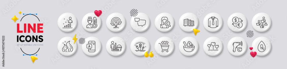 Teamwork, Salad and Currency exchange line icons. White buttons 3d icons. Pack of Buildings, Fire energy, Electronic thermometer icon. Love heart, Ab testing, Fireworks rocket pictogram. Vector Teamwork, Salad and Currency exchange line icons. White buttons 3d icons. Pack of Buildings, Fire energy, Electronic thermometer icon. Love heart, Ab testing, Fireworks rocket pictogram. Vector