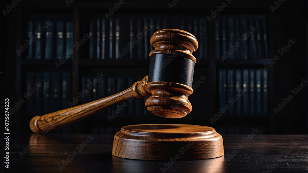 Wooden Judge's Gavel on Black Background. Close-up of a wooden judge's gavel with a gold band resting on its base, symbolizing law, justice, and authority.
Wooden Judge's Gavel on Black Background. Close-up of a wooden judge's gavel with a gold band resting on its base, symbolizing law, justice, and authority.