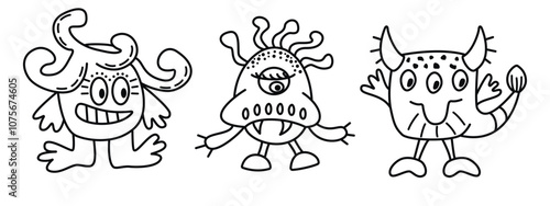 Line drawn monsters set isolated on white background.Graphic icons in black.Funny characters of various shapes with horns, eyes, tail.Vector design for card,stickers,banner template,print on fabric. 